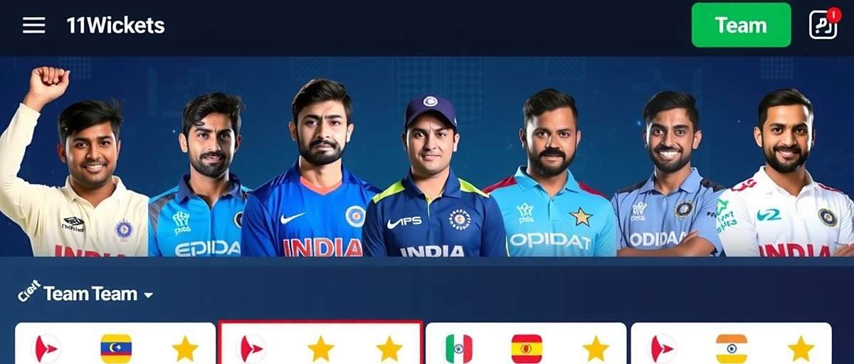 11Wickets Fantasy Cricket Platform 11Wickets app interface showing fantasy cricket team selection with Indian players
